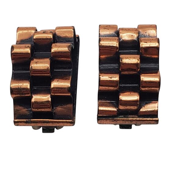 Retro Renoir Copper Half Hoop Clip On Earrings Vintage 50s Textured Dome Chunky - Picture 2 of 5